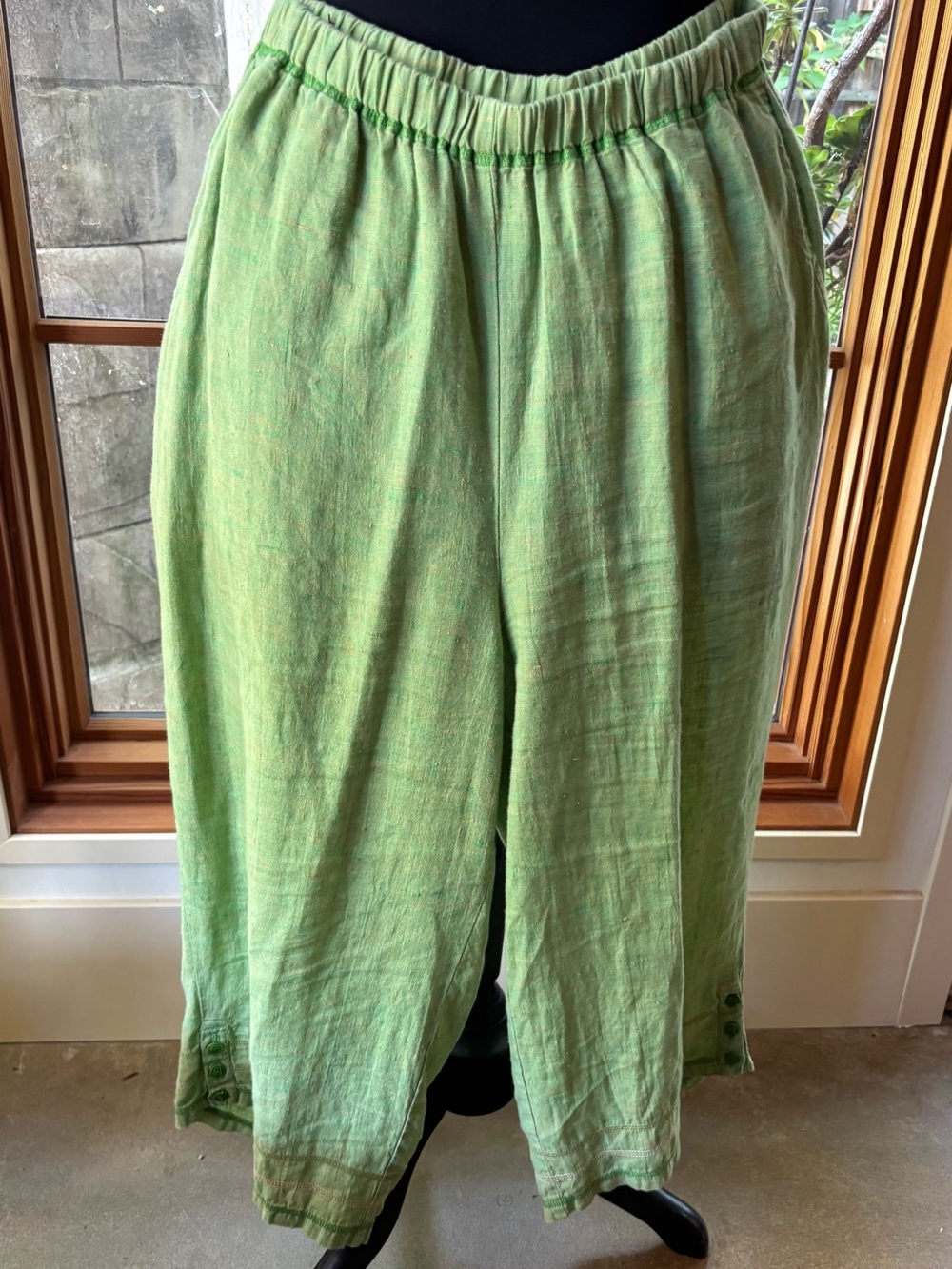 Flax Light Green Linen Elastic Waist Pants